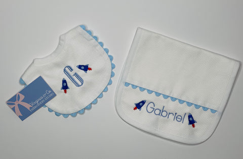 Cotton Pique Bib and Burp Set with Trim